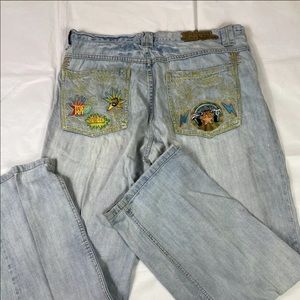 MISKEEN Originals Embroidered Stitched Denim Jeans Baggy Rock